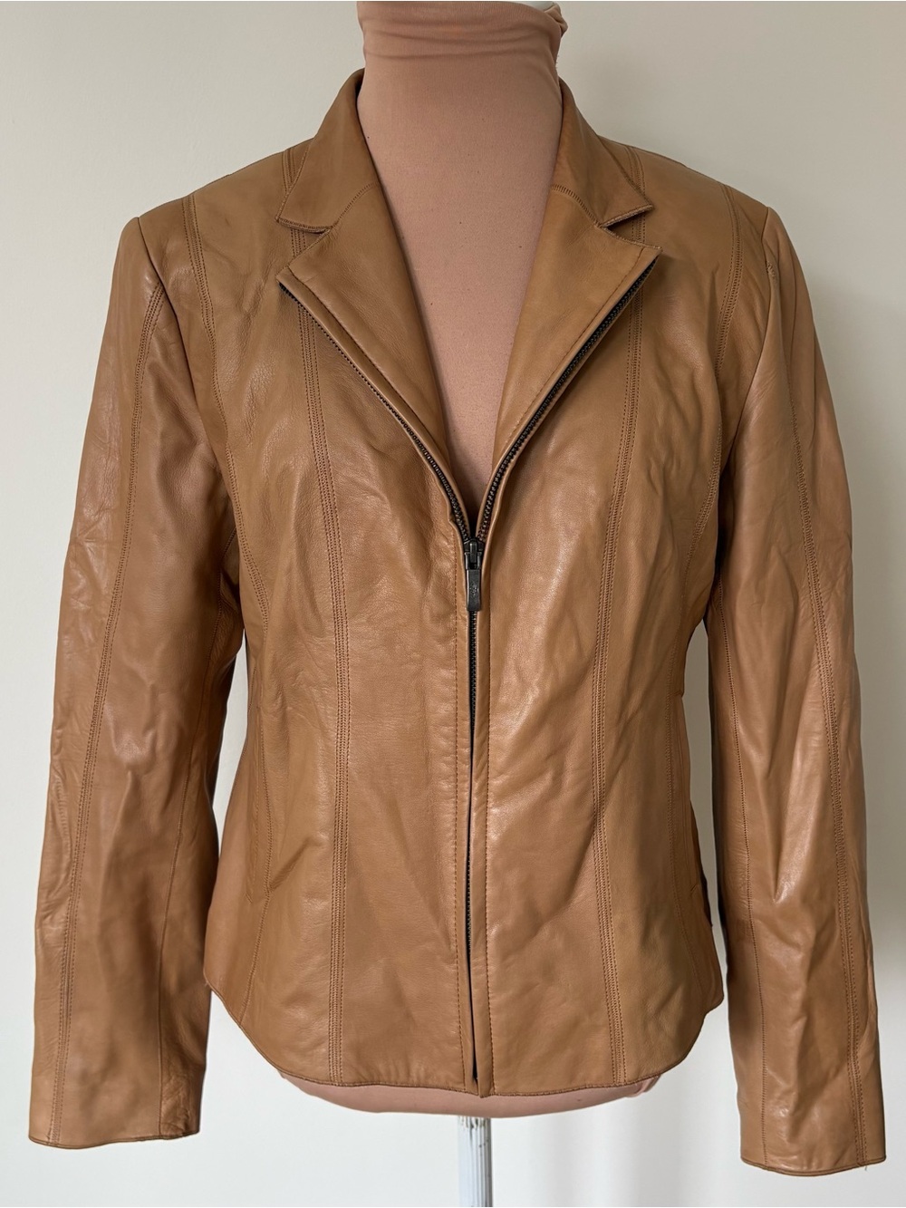 Cole Haan Lambskin Leather Wing Collar Tailored Camel Brown Zip Up Jacket Sz 6P